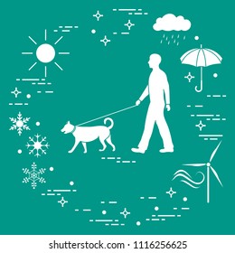 Man walking a dog on a leash in any weather. Sun, cloud, rain, umbrella, snowflakes, wind,  wind generator.