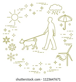 Man walking a dog on a leash in any weather. Sun, cloud, rain, umbrella, snowflakes, wind,  wind generator.