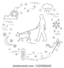 Man walking a dog on a leash in any weather. Sun, cloud, rain, wind, pinwheel, snowflake, thermometer, month, stars.