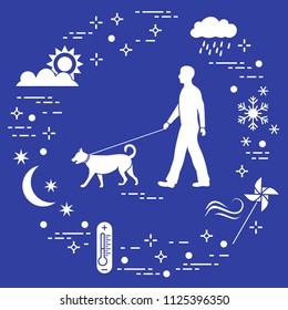 Man walking a dog on a leash in any weather. Sun, cloud, rain, wind, pinwheel, snowflake, thermometer, month, stars.