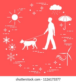 Man walking a dog on a leash in any weather. Sun, cloud, rain, umbrella, snowflakes, wind,  wind generator.