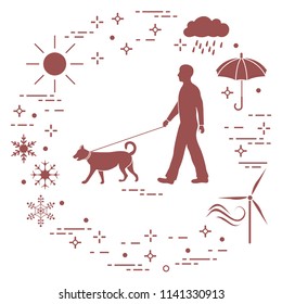 Man walking a dog on a leash in any weather. Sun, cloud, rain, umbrella, snowflakes, wind,  wind generator.