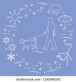 Man walking a dog on a leash in any weather. Sun, cloud, rain, umbrella, snowflakes, wind,  wind generator.