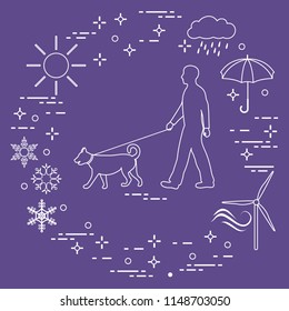 Man walking a dog on a leash in any weather. Sun, cloud, rain, umbrella, snowflakes, wind,  wind generator.