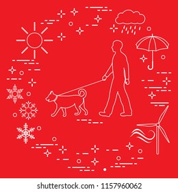 Man walking a dog on a leash in any weather. Sun, cloud, rain, umbrella, snowflakes, wind,  wind generator.
