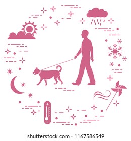 Man walking a dog on a leash in any weather. Sun, cloud, rain, wind, pinwheel, snowflake, thermometer, month, stars.