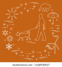 Man walking a dog on a leash in any weather. Sun, cloud, rain, umbrella, snowflakes, wind,  wind generator.