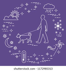 Man walking a dog on a leash in any weather. Sun, cloud, rain, wind, pinwheel, snowflake, thermometer, month, stars.