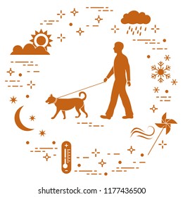 Man walking a dog on a leash in any weather. Sun, cloud, rain, wind, pinwheel, snowflake, thermometer, month, stars.
