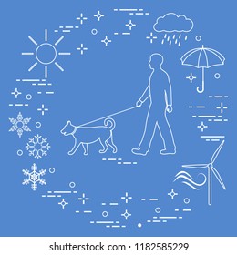 Man walking a dog on a leash in any weather. Sun, cloud, rain, umbrella, snowflakes, wind,  wind generator.