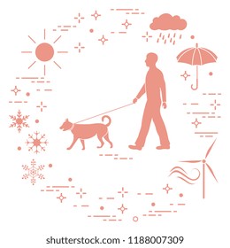 Man walking a dog on a leash in any weather. Sun, cloud, rain, umbrella, snowflakes, wind,  wind generator.
