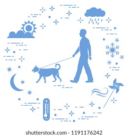 Man walking a dog on a leash in any weather. Sun, cloud, rain, wind, pinwheel, snowflake, thermometer, month, stars.