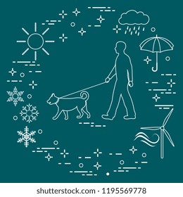 Man walking a dog on a leash in any weather. Sun, cloud, rain, umbrella, snowflakes, wind,  wind generator.