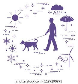 Man walking a dog on a leash in any weather. Sun, cloud, rain, umbrella, snowflakes, wind,  wind generator.