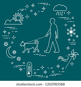 Man walking a dog on a leash in any weather. Sun, cloud, rain, wind, pinwheel, snowflake, thermometer, month, stars.