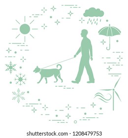 Man walking a dog on a leash in any weather. Sun, cloud, rain, umbrella, snowflakes, wind,  wind generator.