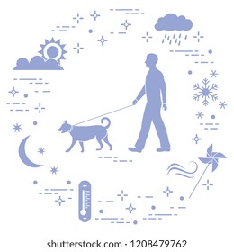Man walking a dog on a leash in any weather. Sun, cloud, rain, wind, pinwheel, snowflake, thermometer, month, stars.