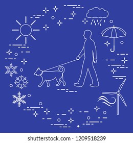 Man walking a dog on a leash in any weather. Sun, cloud, rain, umbrella, snowflakes, wind,  wind generator.