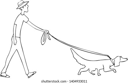Man walking dog on leash. Line art style character vector black white isolated illustration