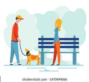 Man Walking Dog on Leash in Urban Park and Meeting Female Friend. Guy and Woman Having Date in City Garden. Love at First Sight. Cartoon People Characters in Casual Clothes. Vector in Flat Style