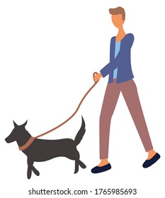 Man walking with dog on leash isolated cartoon character. Vector guy walking with puppy, flat design. Marketplace with pet animals on sale, best friend