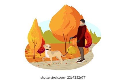 Man walking with a dog on leash in Autumn Park. Weekend stroll with puppy in colorful forest. Image with yellow red trees and fallen leaves on pathway. Drawing in cartoon style. Vector illustration