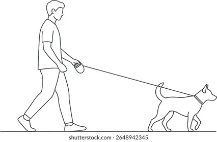 Man Walking Dog on Leash Vector Line Art Illustration