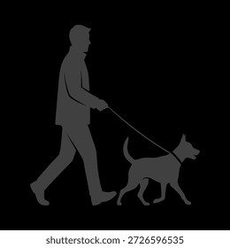 Hombre caminando perro en una correa, ilustración de silueta simple.
