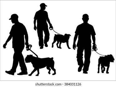 A Man Walking With A Dog On A Leash. Silhouette On A White Background.