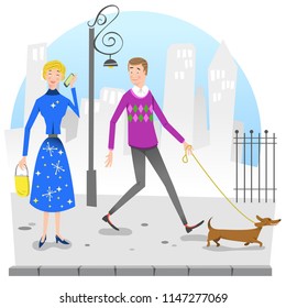 Man walking dog on sideway looking at woman talking on cell phone (vector illustration)