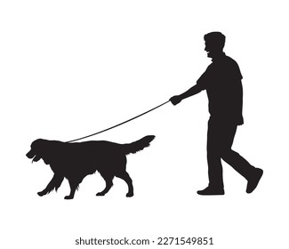 Hombre caminando perro fuera de la silueta vectorial de la puerta.