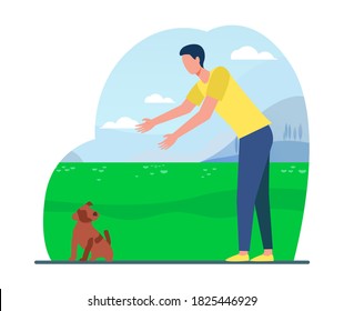 Man walking with dog outdoors. Guy reaching hands for picking puppy from ground flat, vector illustration. Animal care, pet adoption concept for banner, website design or landing web page