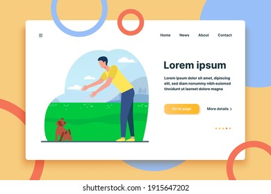 Man walking with dog outdoors. Guy reaching hands for picking puppy from ground flat vector illustration. Animal care, pet adoption concept for banner, website design or landing web page