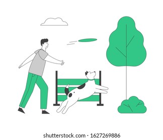 Man Walking with Dog Outdoors. Leisure, Communication with Home Animal in Park. Male Character Playing with Pet Relax and Spend Time at Summertime City Park. Cartoon Flat Vector Illustration, Line Art