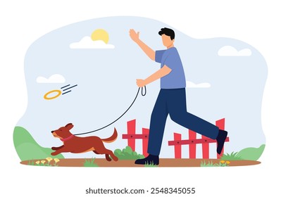 Man Walking with Dog Outdoors, Relaxing. Leisure, Communicating with Home Animal in Park. Cartoon Vector Illustration.