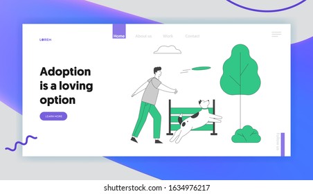 Man Walking with Dog Outdoors Website Landing Page. Communication with Home Animal in Park. Male Character Playing with Pet at City Park Web Page Banner. Cartoon Flat Vector Illustration, Line Art