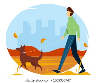 Man walking with the dog in the Park in autumn. Cute vector illustration in flat style.