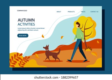 Man walking with the dog in the park in autumn. Landing page, concept vector illustration for healthy lifestyle, outdoor activities.