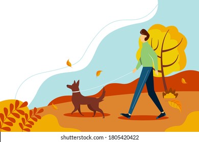Man walking with the dog in the park. The concept of an active lifestyle. Cute autumn vector illustration in flat style.