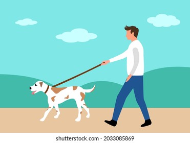 Man walking dog in the park flat design vector.