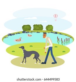Man walking with Dog in the Park. Flat Cartoon Character. Colorful Vector Illustration eps 10