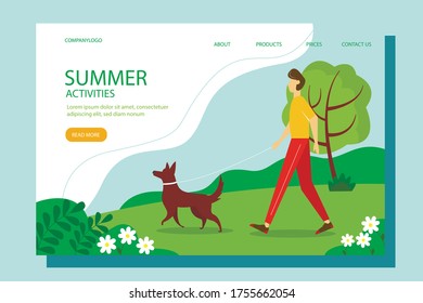 Man walking with the dog in the Park.  Landing page, concept illustration for healthy lifestyle, outdoor activities.