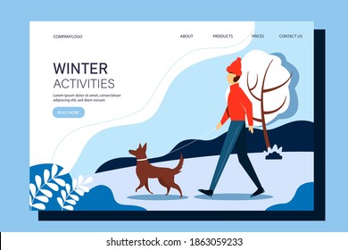 Man walking with the dog in the park. Landing page template. Vector winter illustration in flat style.