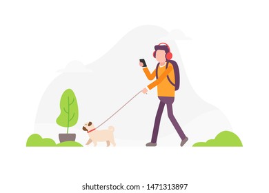 Man walking with dog in the park, vector flat illustration