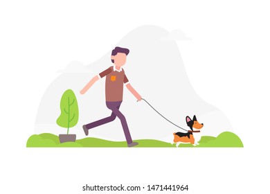 Man walking with dog in the park, vector flat illustration