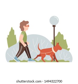 Man is walking with a dog in the park. Vector illustration in a flat style