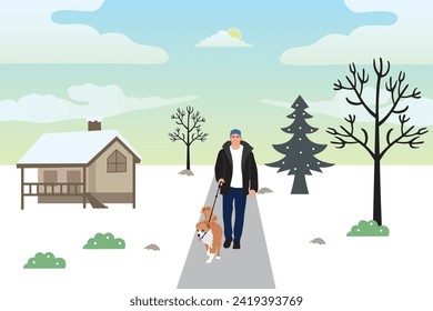 Man walking with dog in the park. Vector illustration in flat style