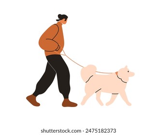 Man walking with dog. Pet owner holding leash, leading cute Samoyed breed, doggy companion, profile. Morning stroll with puppy, canine animal. Flat vector illustration isolated on white background