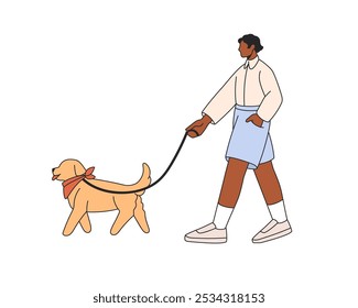 Homem cachorro andando. Dono de animais levando cachorrinho bonito na coleira ao ar livre. Homem afro-americano moderno indo, passeando com animal canino, perfil. Ilustração de vetor plano isolada no plano de fundo branco