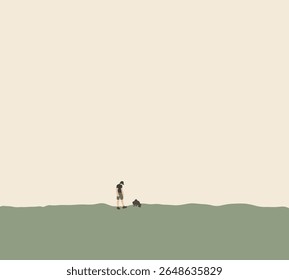 Man walking with dog in public park Enjoying The Fresh Air. Active Leisure, Healthy morning lifestyle. 